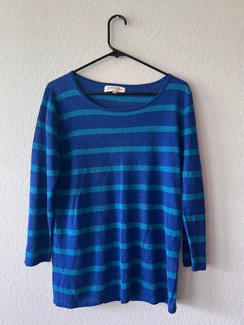Jones New York Striped Linen Blend Scoop Neck 3/4 Sleeve Top
